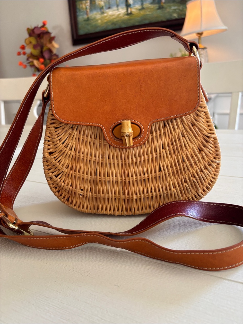 J. McLaughlin Woven wicker Shoulder Bag with Tan Leather Trim